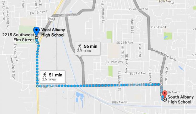 West Albany High School to South Albany High School Map