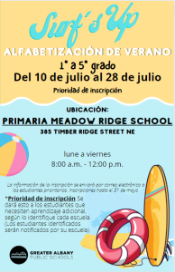 Surf's Up Summer Literacy 2023 flyer in Spanish
